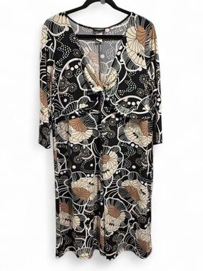 Perseption Black Floral Midi Dress with Cream and Tan Accents